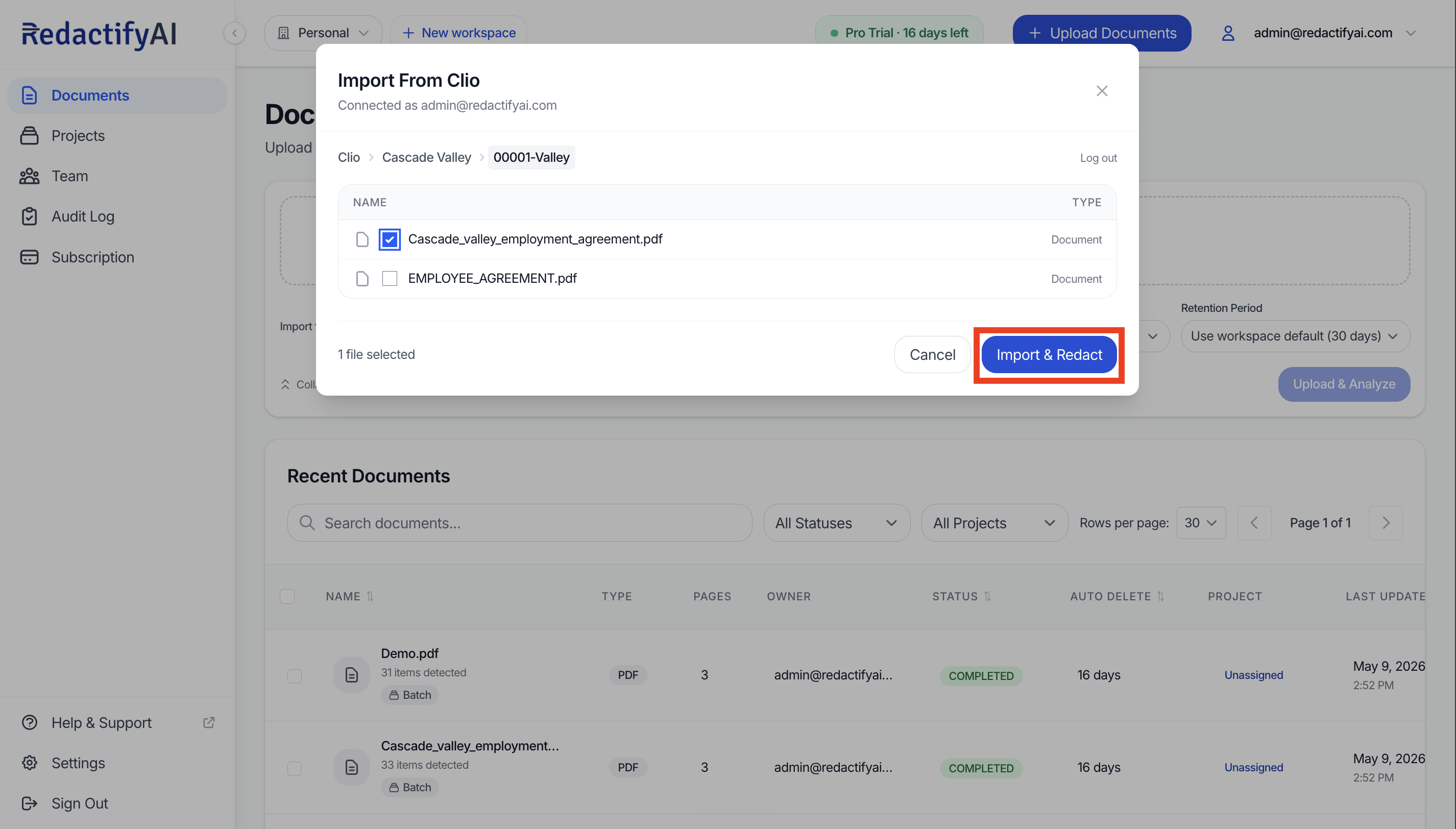 The Import From Clio pop-up after connecting, showing matters and files to select