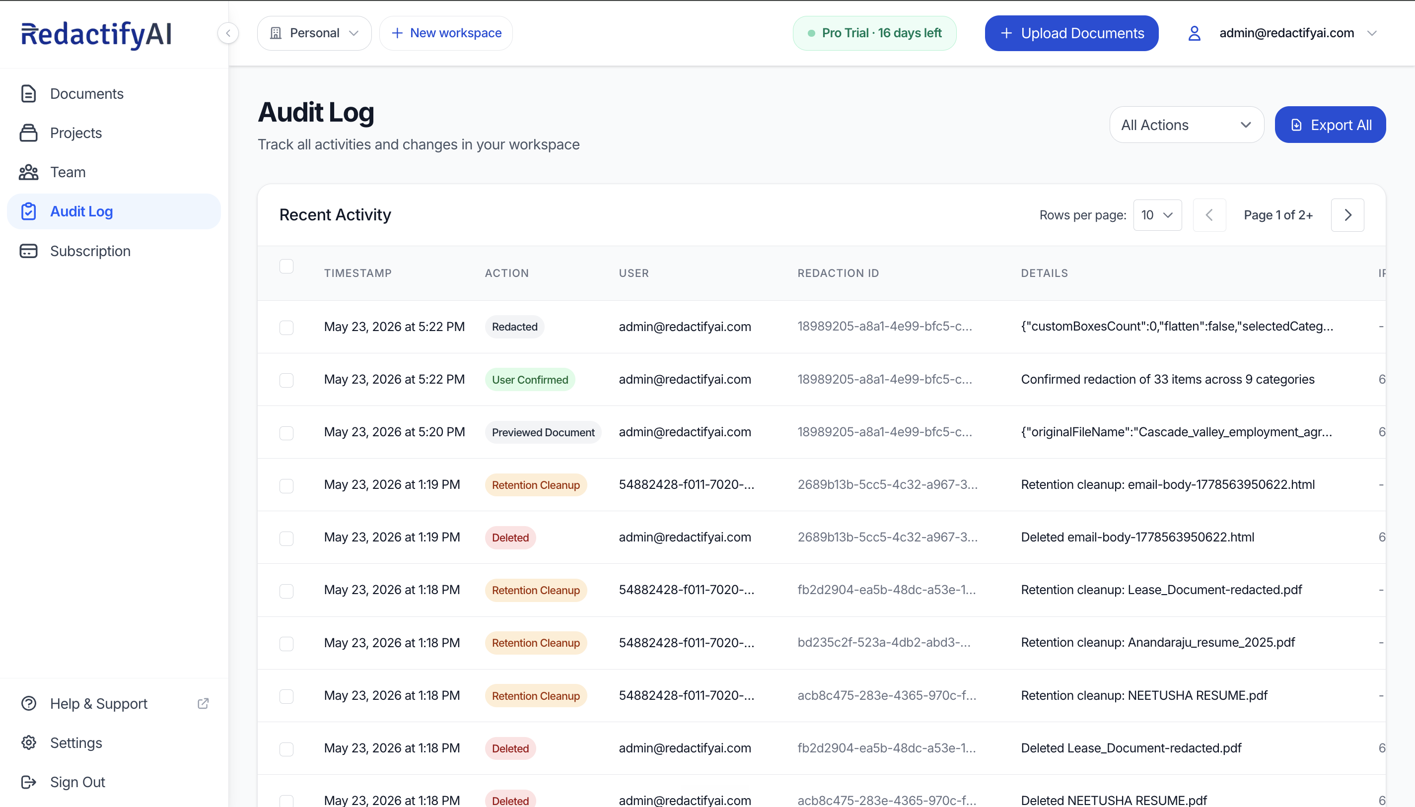 The RedactifyAI Audit Log showing redaction actions for Clio-imported documents