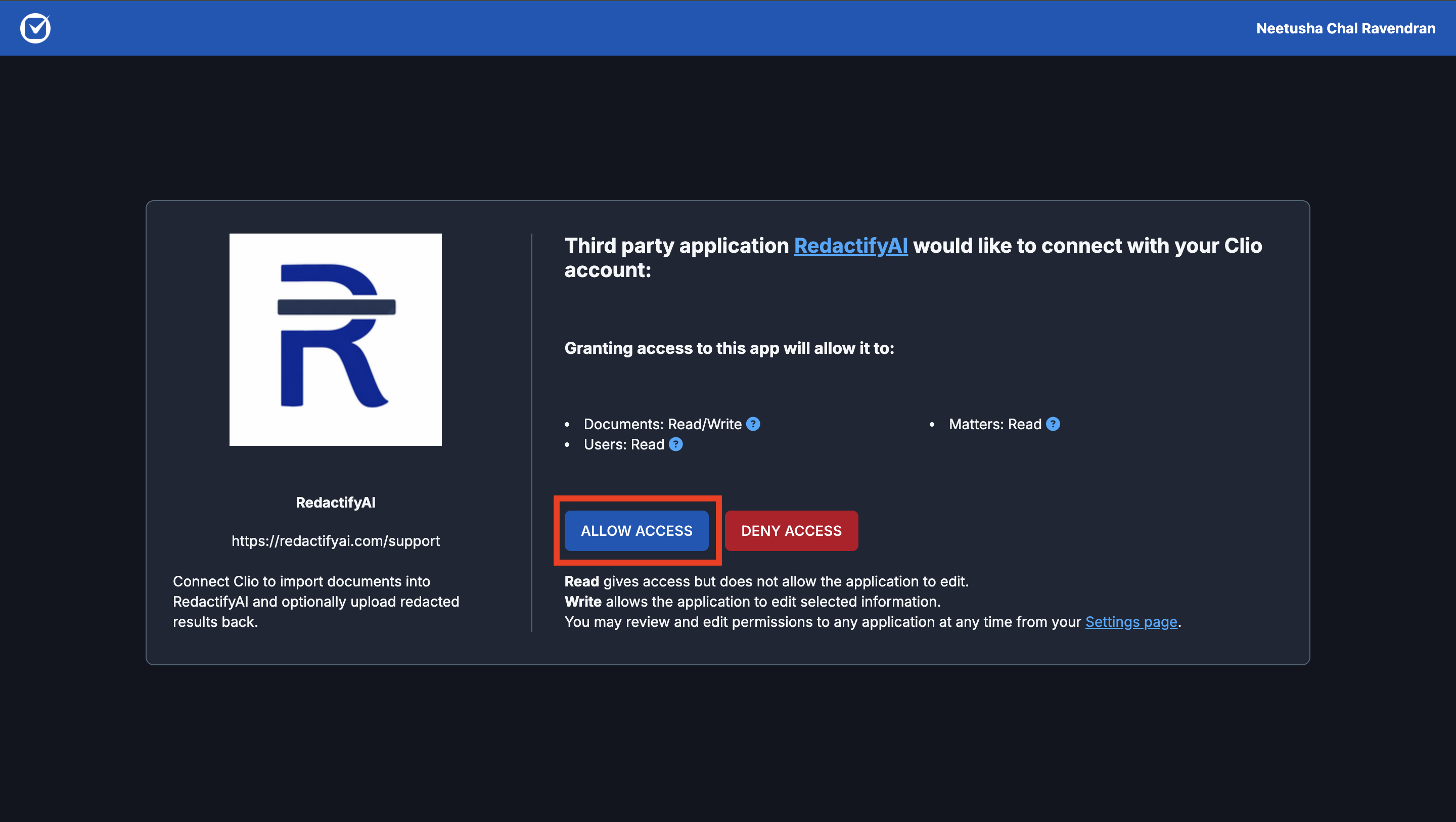 The Clio authorization screen prompting you to allow RedactifyAI access