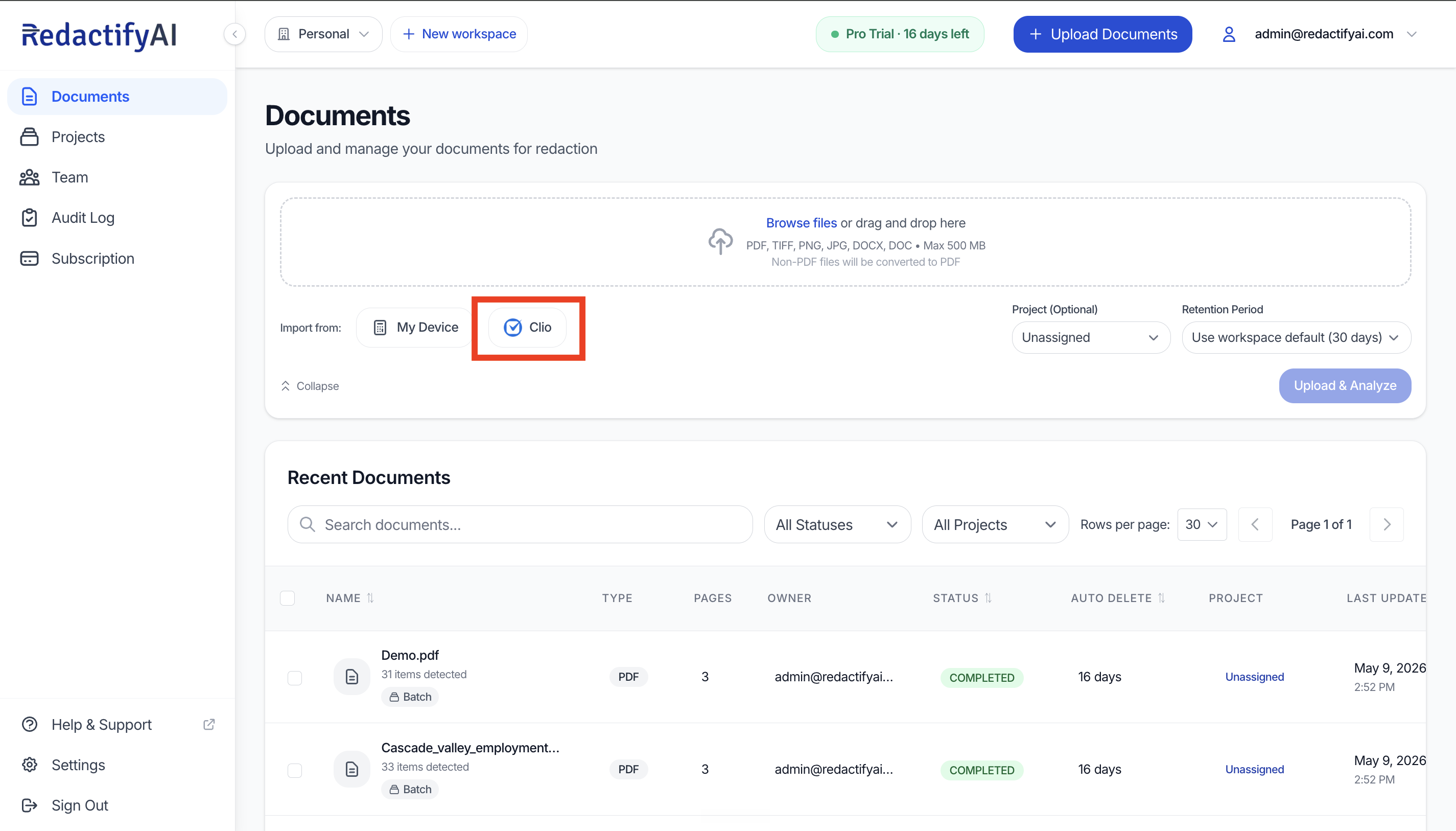 The Clio option in the upload section on the RedactifyAI Documents page