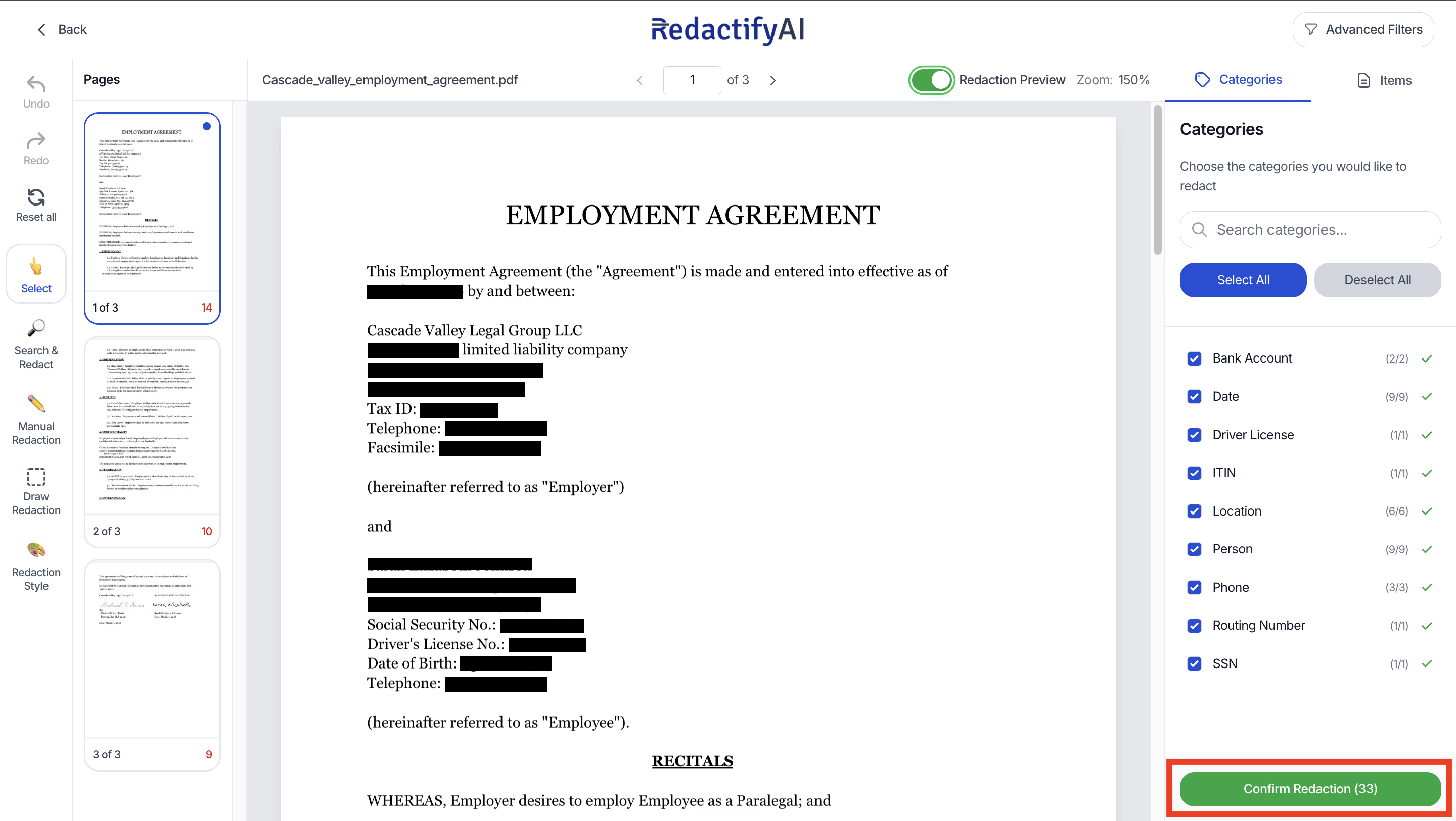The Redaction Preview toggle enabled, showing black redaction boxes on the document