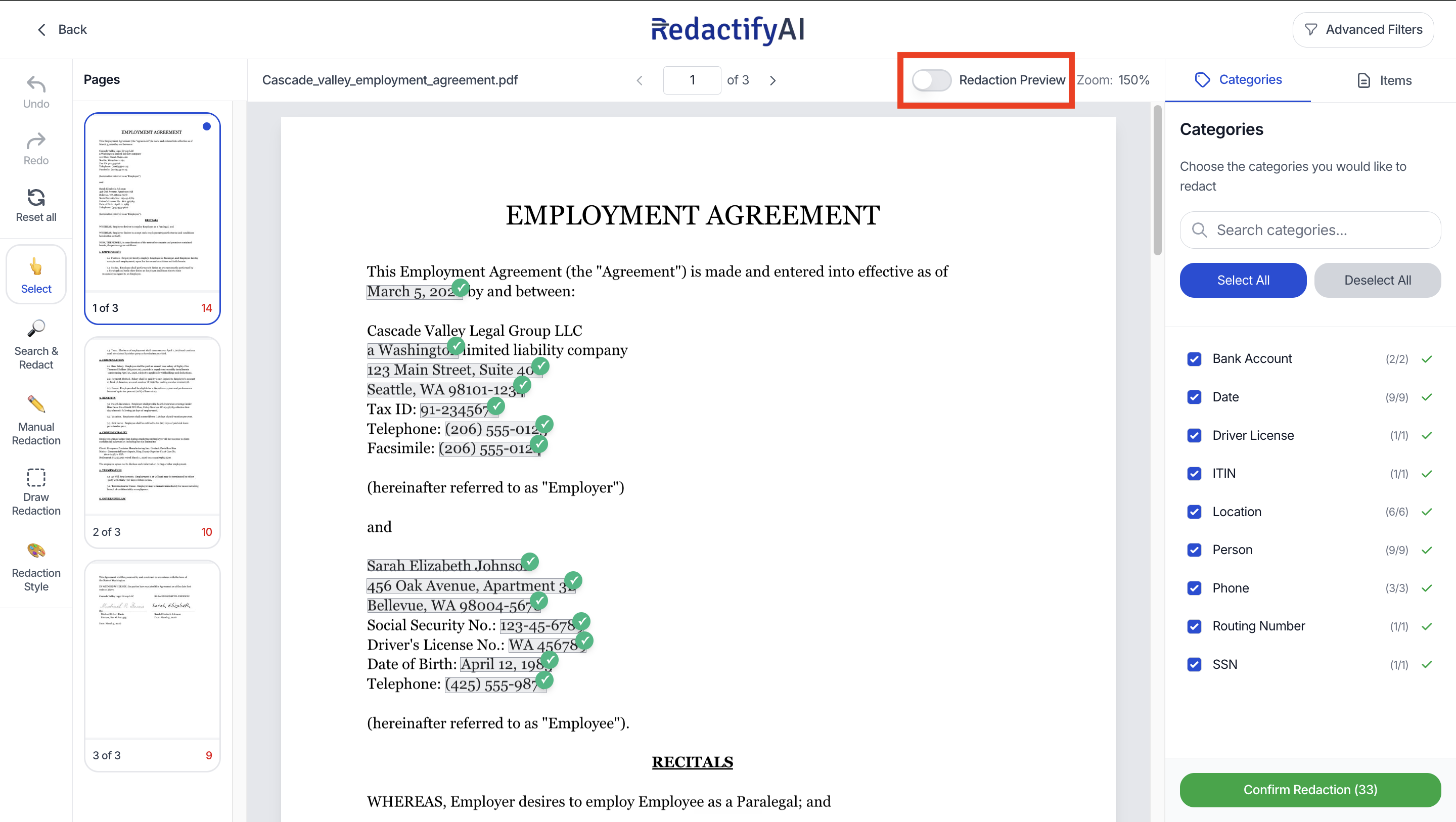 The AI detection results screen showing sensitive items highlighted with green check marks