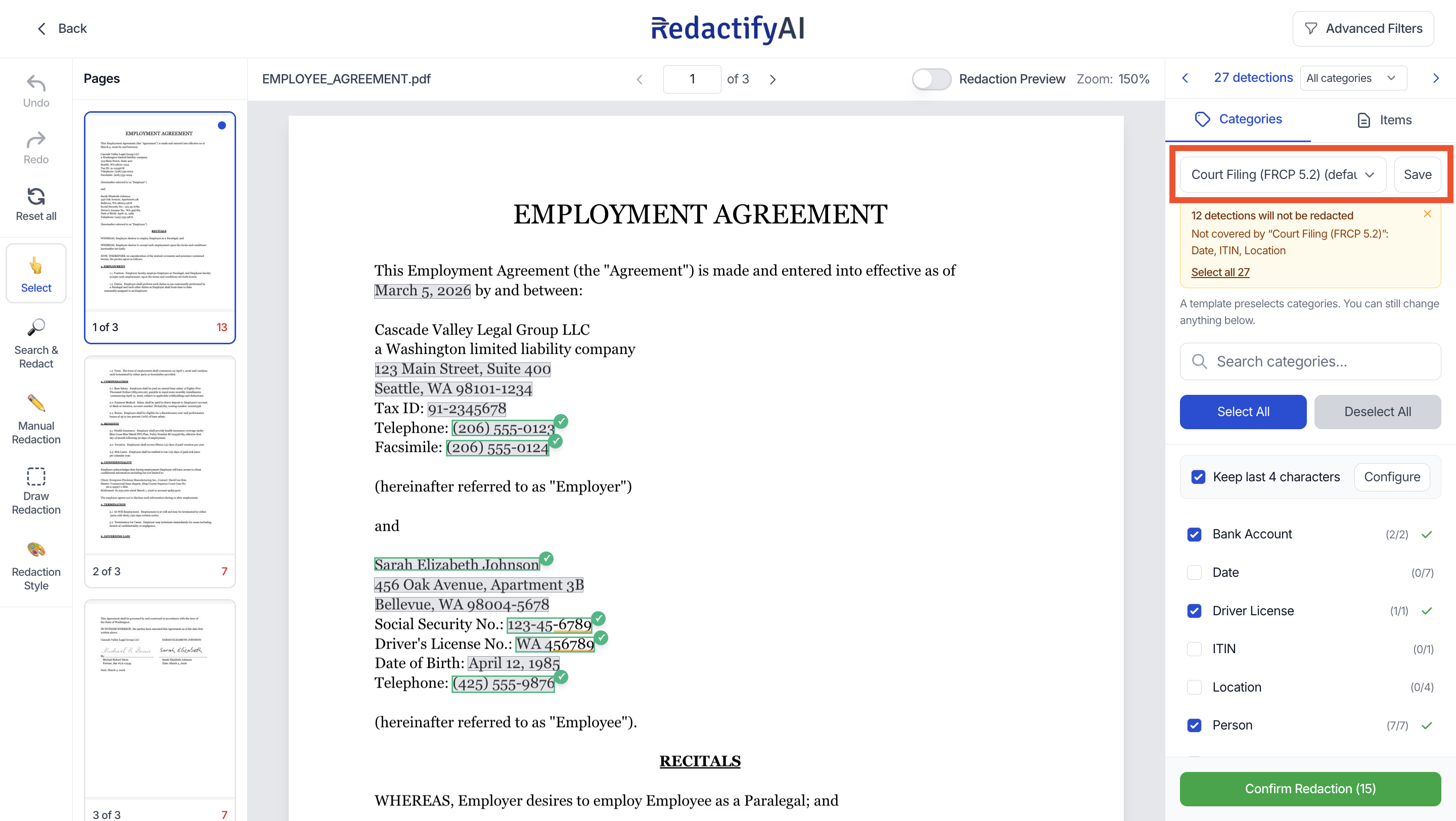 The RedactifyAI review page with a template applied and an amber notice listing the categories it does not cover