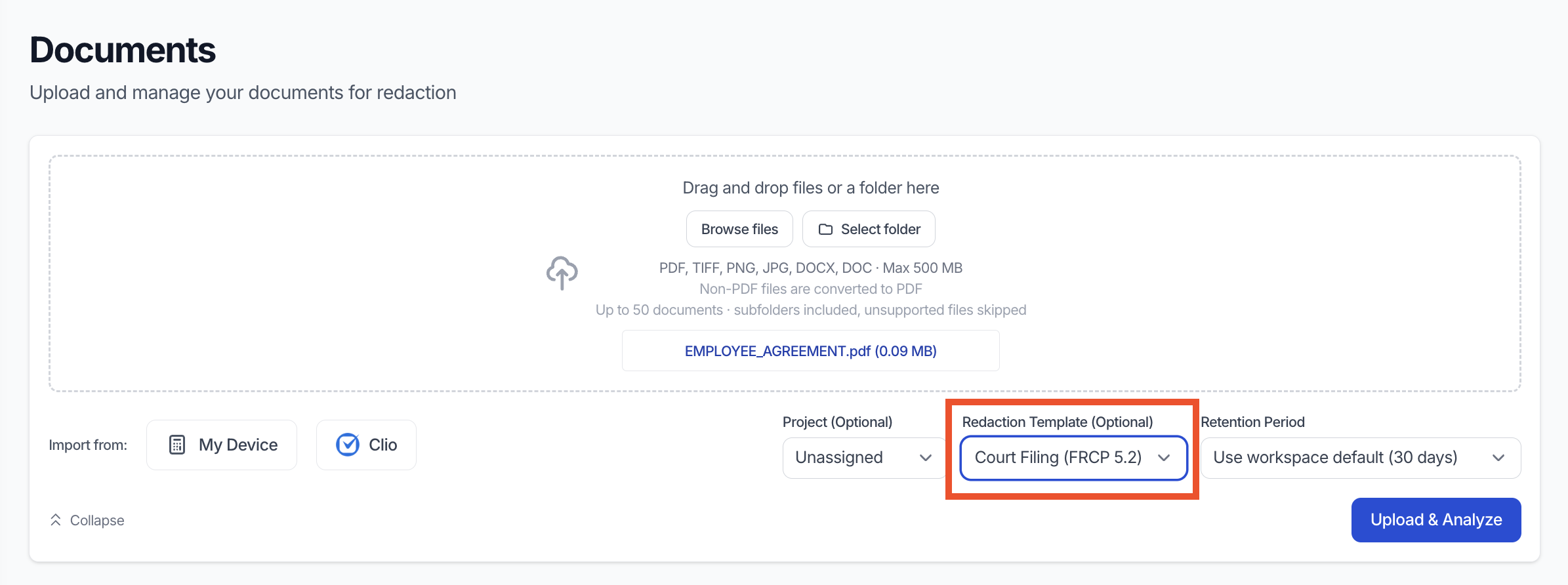 The Redaction Template field in the upload section of the RedactifyAI Documents page